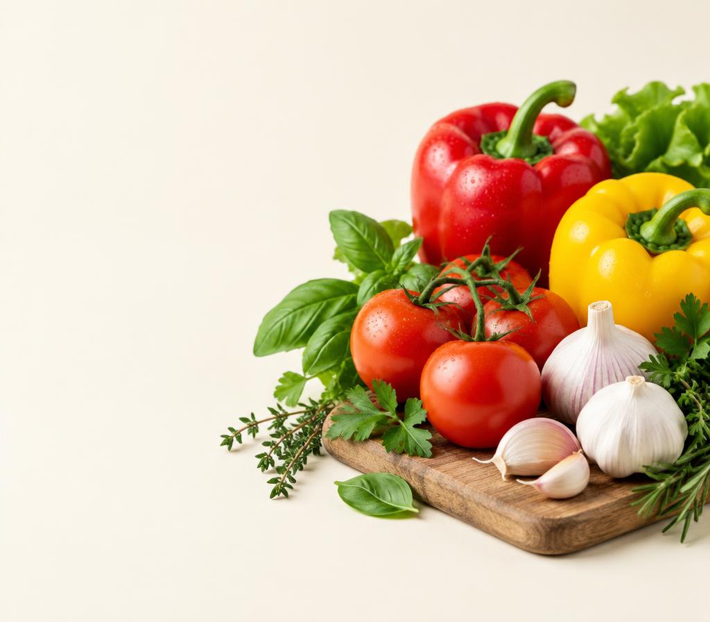 Fresh peppers, tomatoes, garlic and herbs on a wooden board